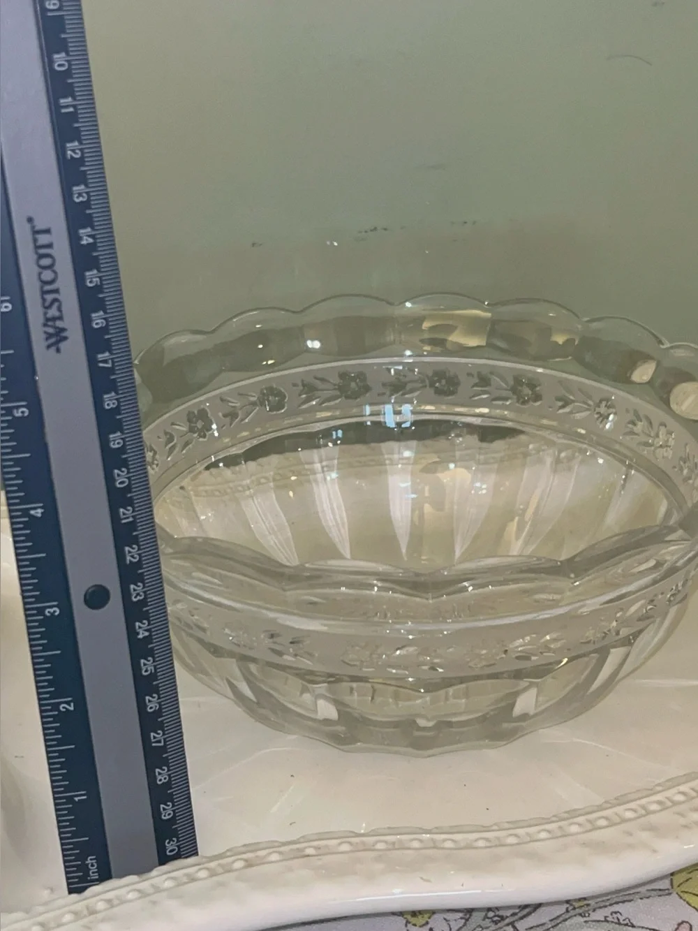 Floral Clear Lead Crystal Depression Glass Serving Bowl  Vintage MCM